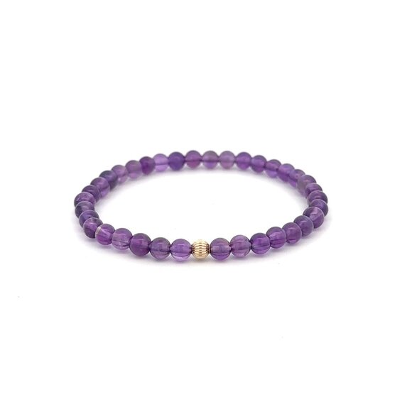 Gemstones Amethyst Mini 4mm Stretchable Bracelet 14k Gold Bead Charm Corrugated - Picture 1 of 6